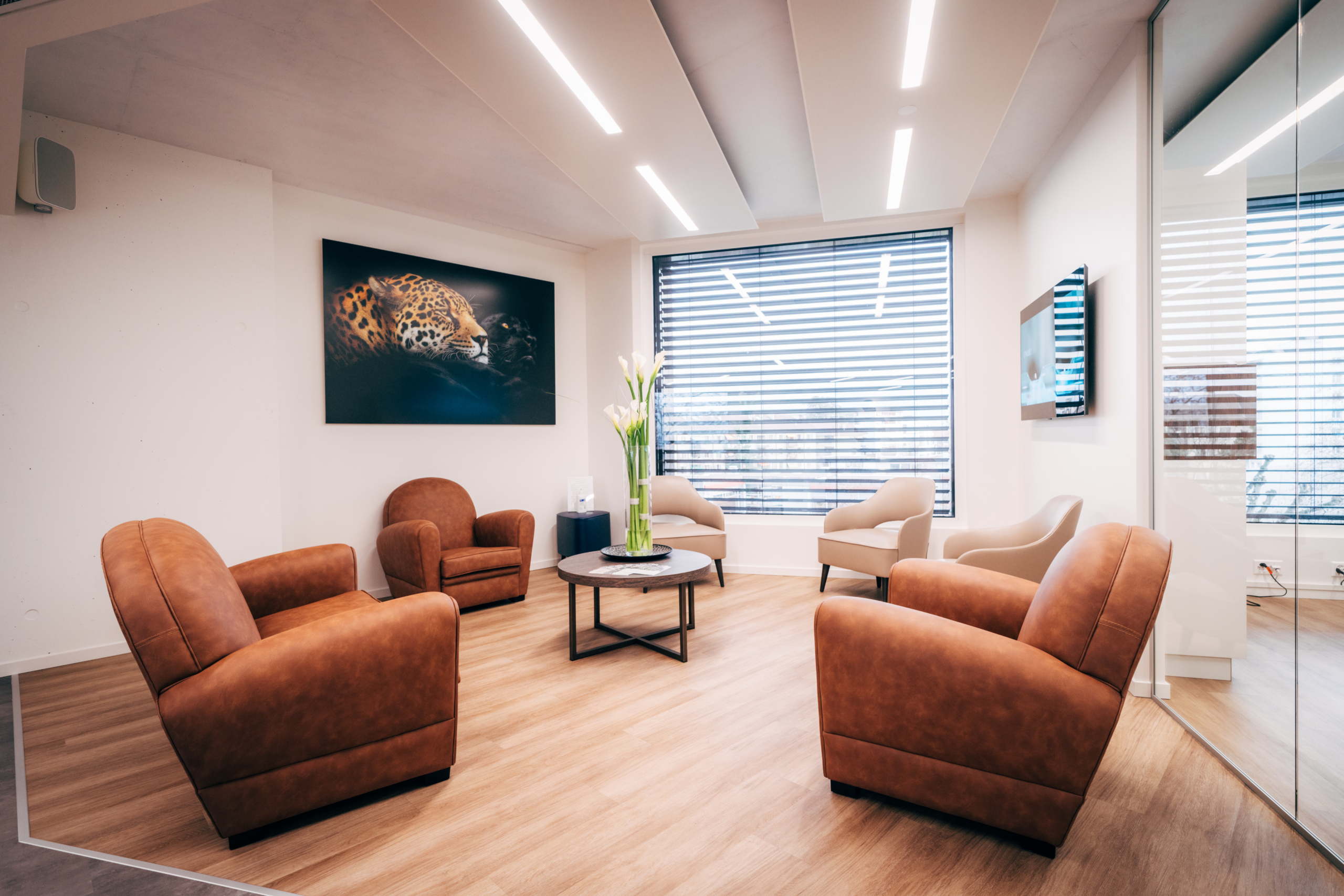 Salle d'attente Care Maisonneuve avec tableau et télévision